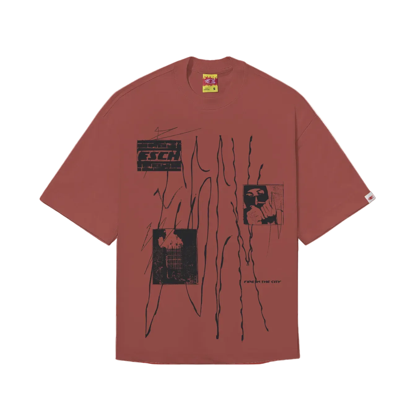 CAMISETA BOXY "FIRE-IN-THE-CITY" BORDO